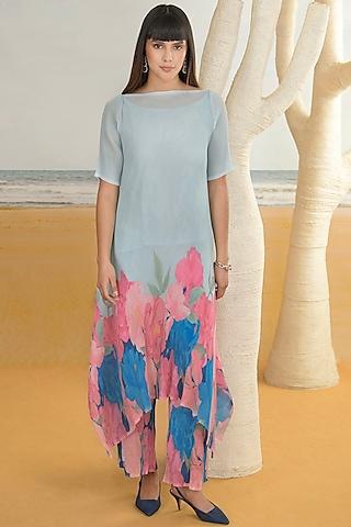 aqua blue georgette viscose & polyester digital printed kurta set