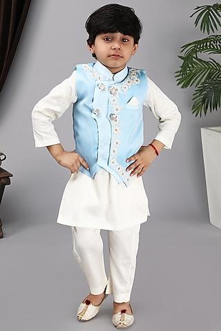 aqua blue glace cotton embroidered bundi jacket with kurta set for boys