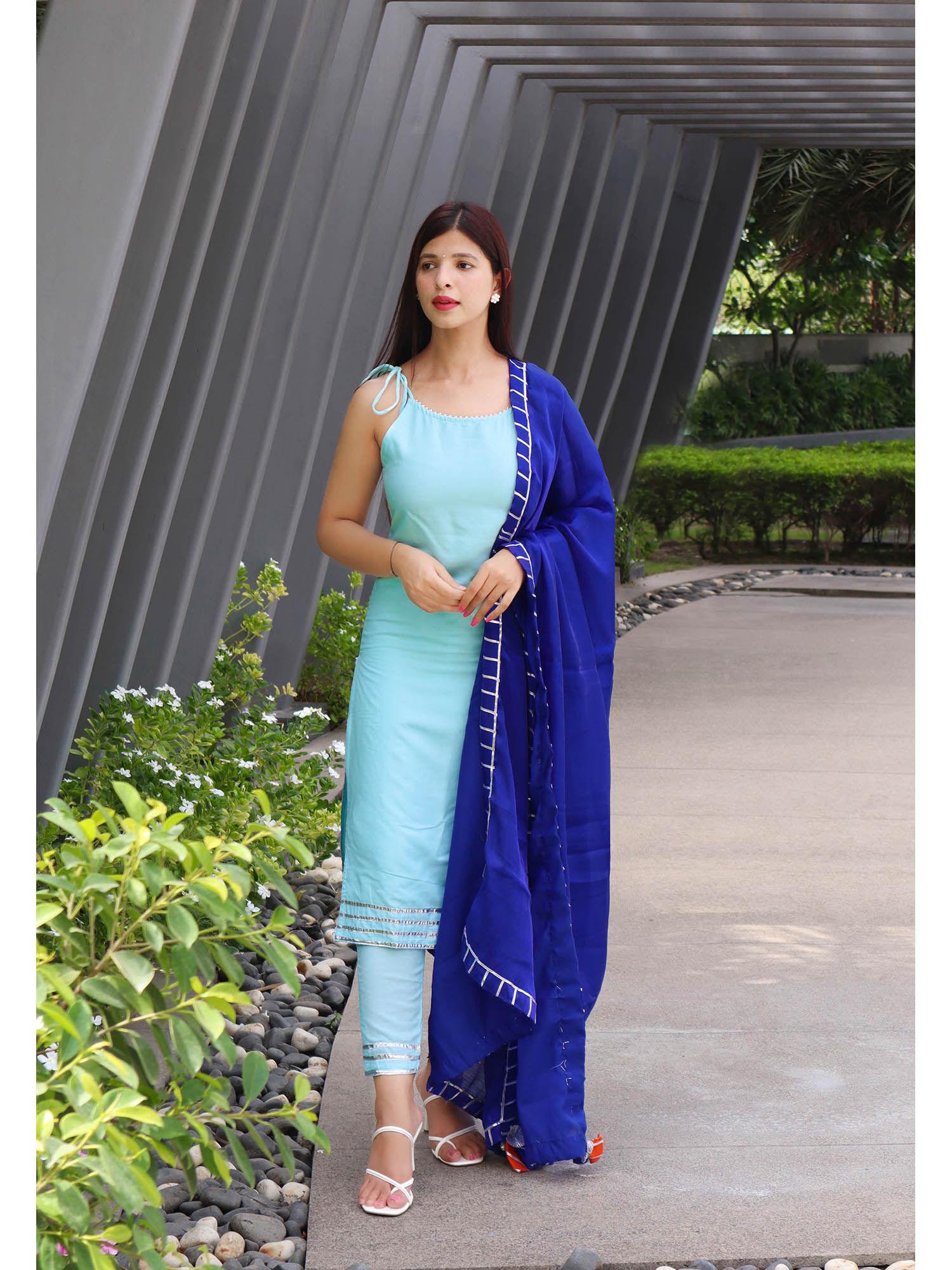 aqua blue gota lace kurta pant with dupatta (set of 3)