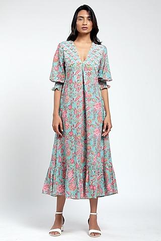 aqua blue hand block printed dress