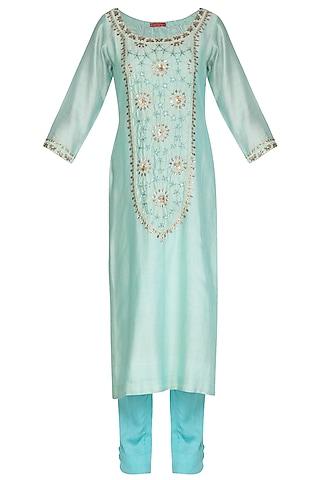 aqua blue handwoven chanderi sequins & zari hand embroidered kurta set for girls