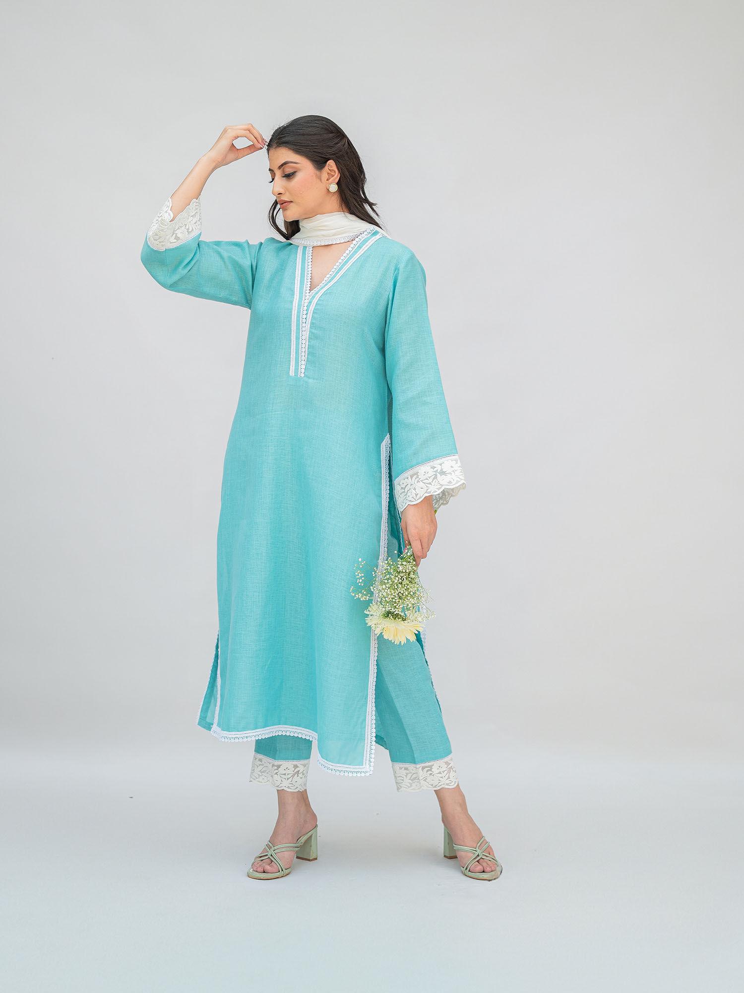 aqua blue linen kurta with pant and dupatta (set of 3)