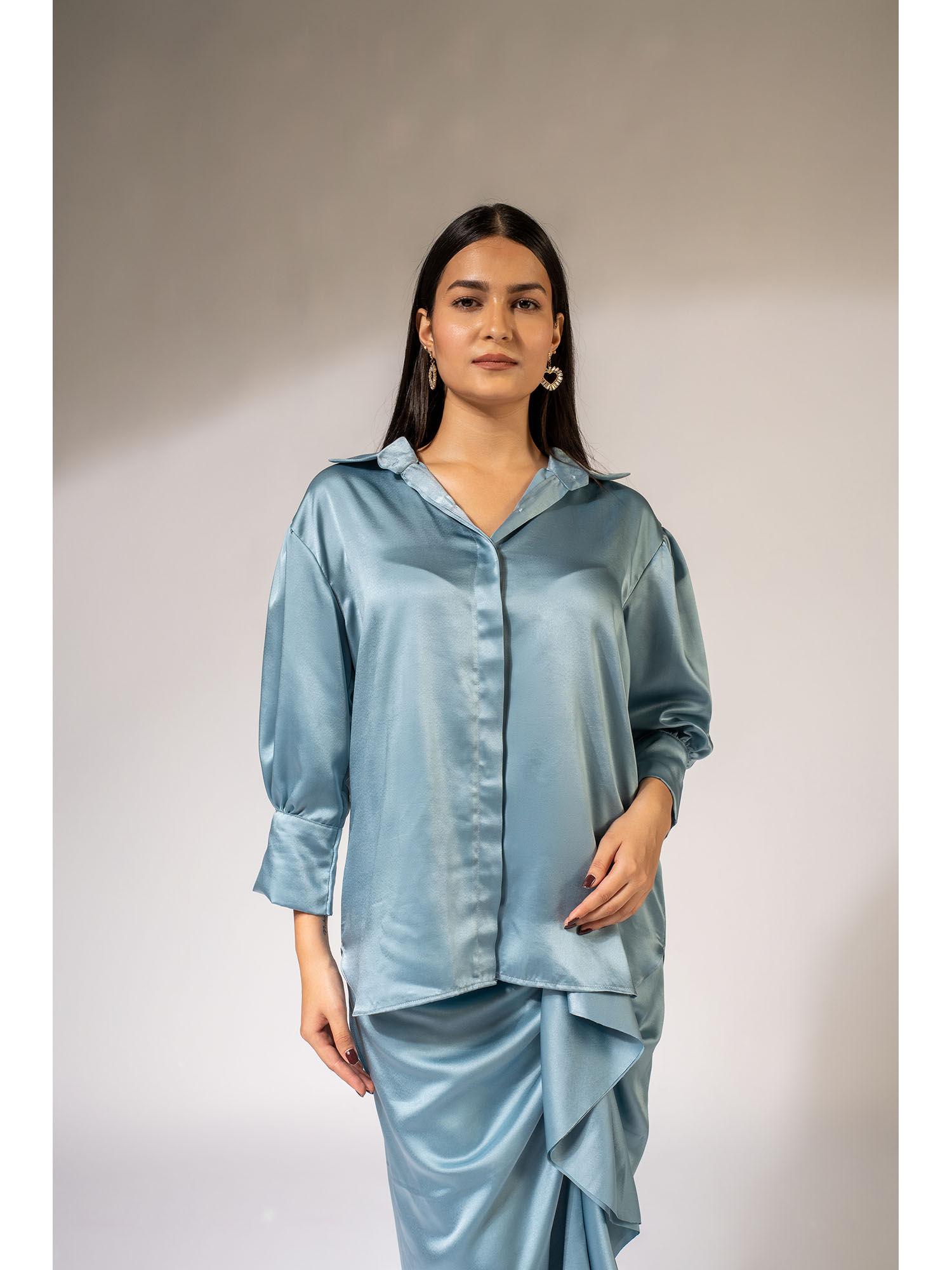 aqua blue luxe satin shirt