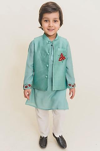 aqua blue muslin kurta set with jacket for boys