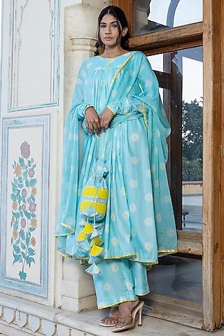 aqua blue muslin printed anarkali set