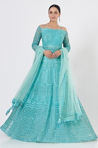 aqua blue net embroidered gown with dupatta