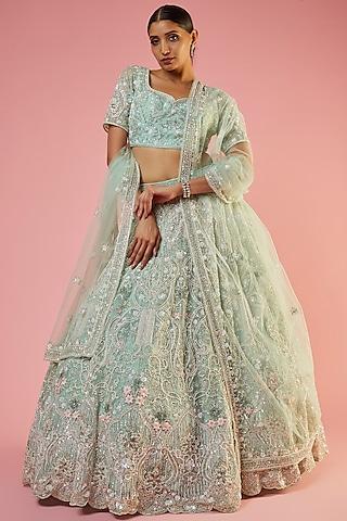 aqua blue net embroidered lehenga set