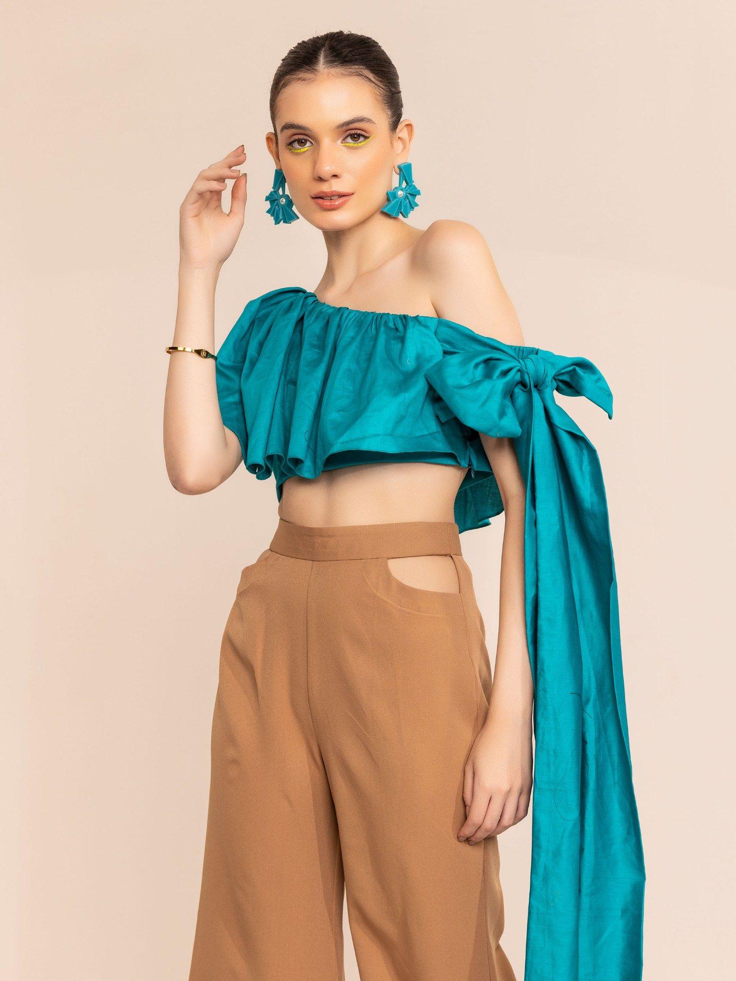 aqua blue one shoulder side tie up crop top