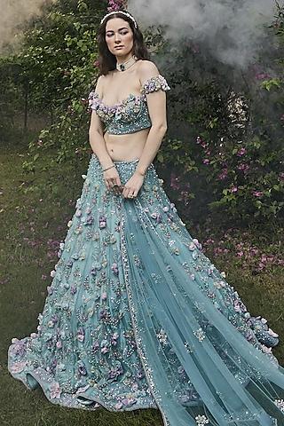 aqua blue organza & net 3d hand sewn petals embroidered lehenga set