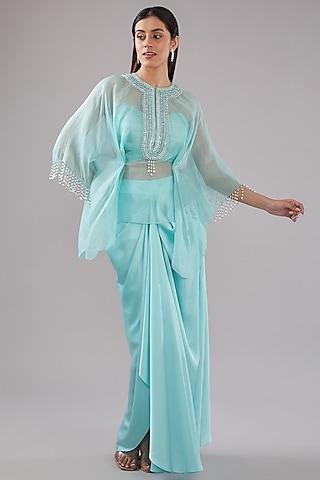 aqua blue organza crystal beads embroidered cape set