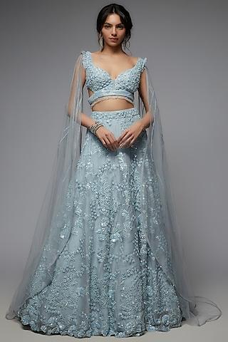 aqua blue organza embellished lehenga set