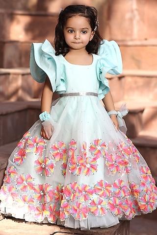 aqua blue organza embroidered gown for girls