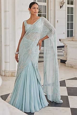 aqua blue organza embroidered pre-draped saree set