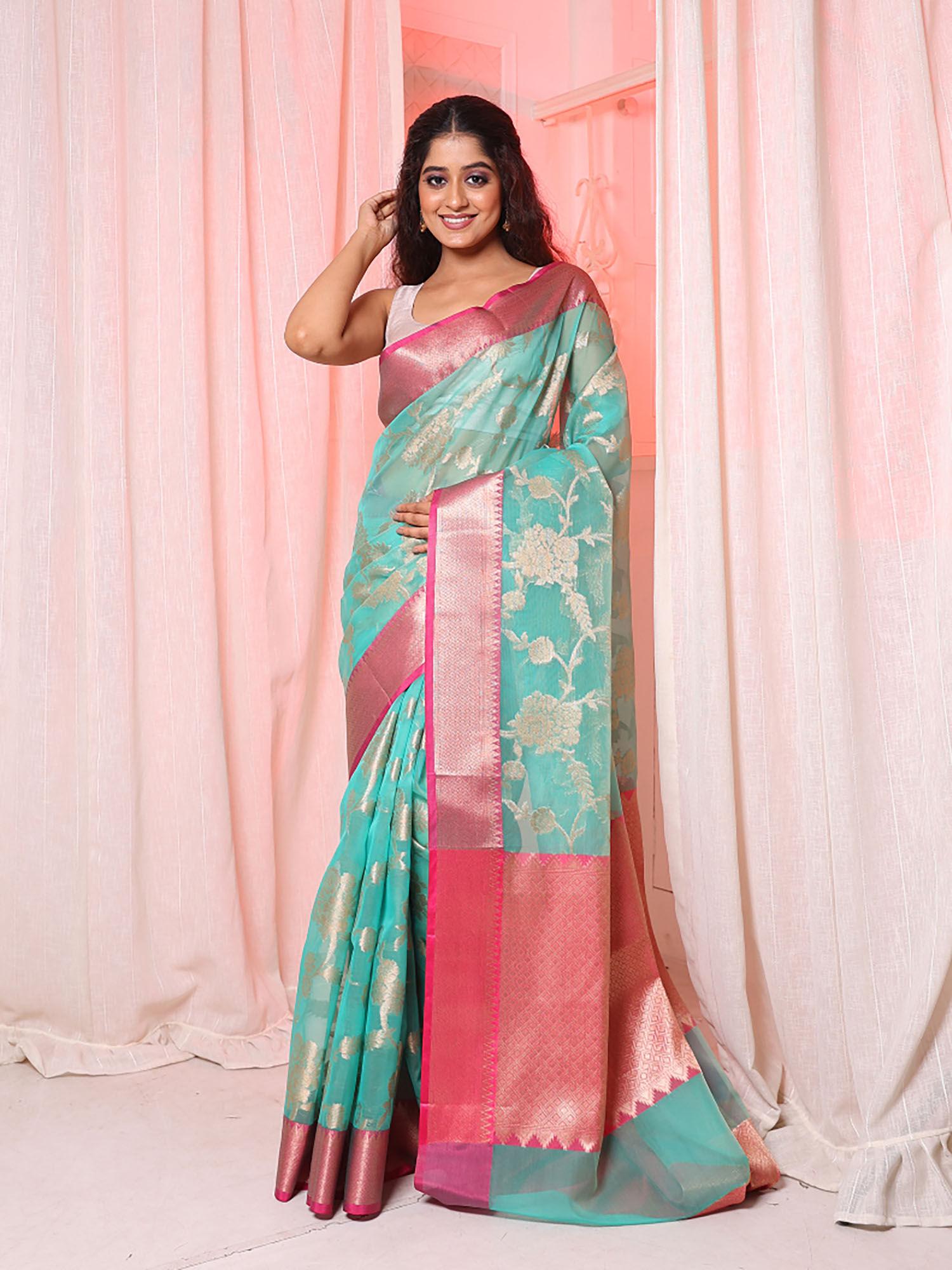 aqua blue organza handwoven saree with floral design & unstitched blouse