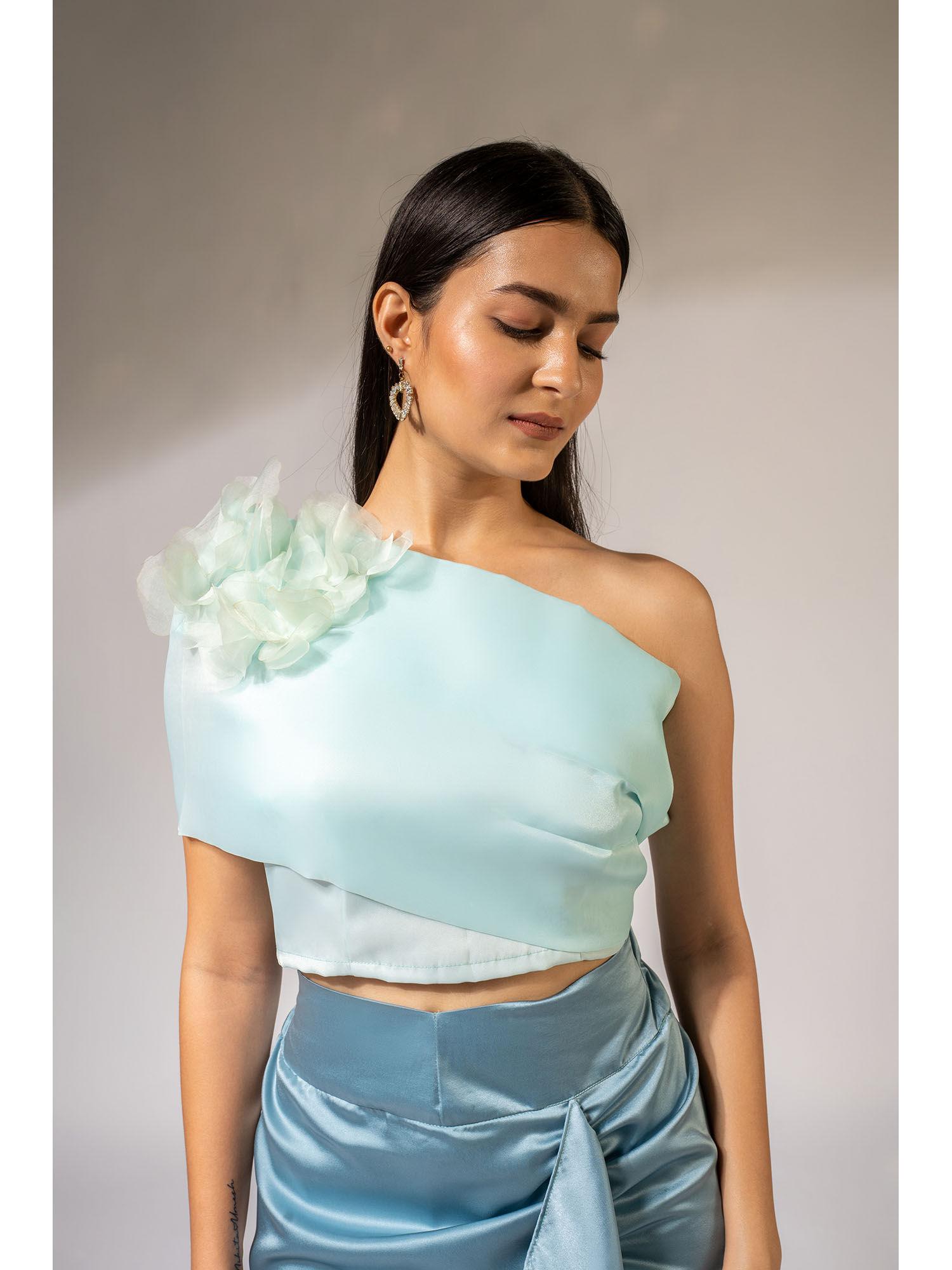 aqua blue organza one off-shoulder top