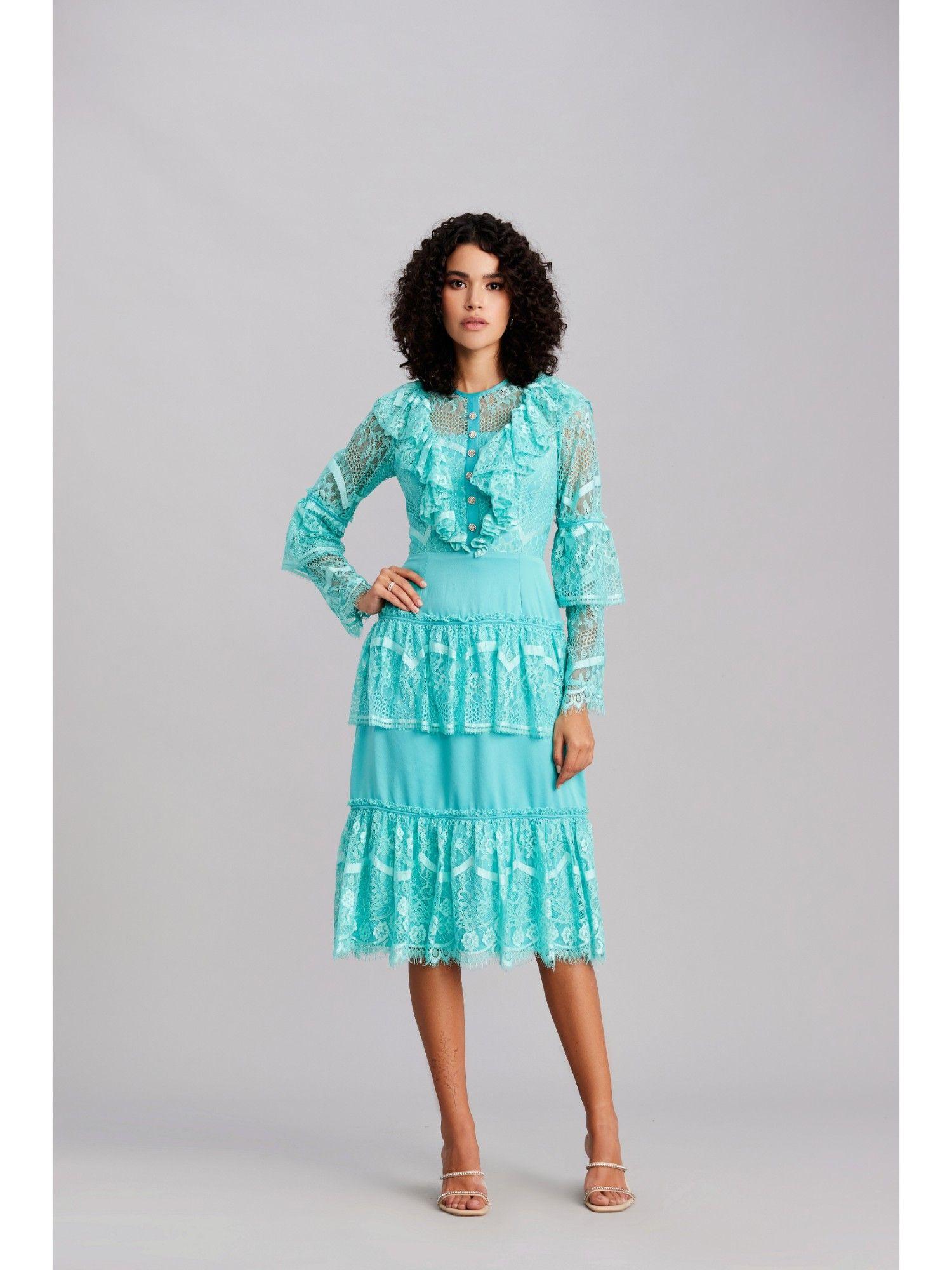 aqua blue pleated lace midi dress