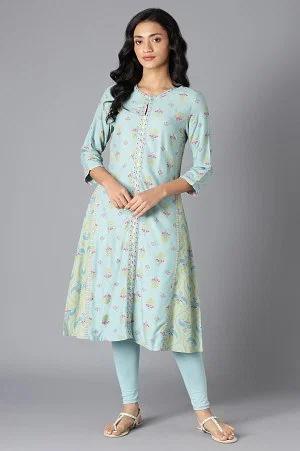 aqua blue printed a-line kurta with thread embroidery