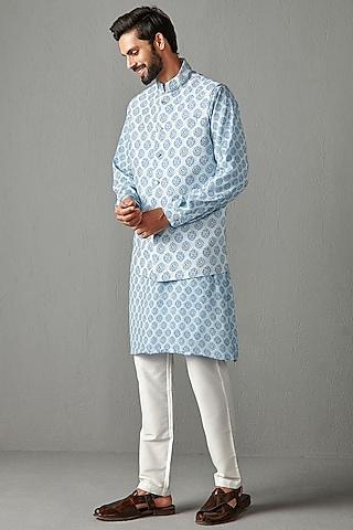 aqua blue printed bundi jacket