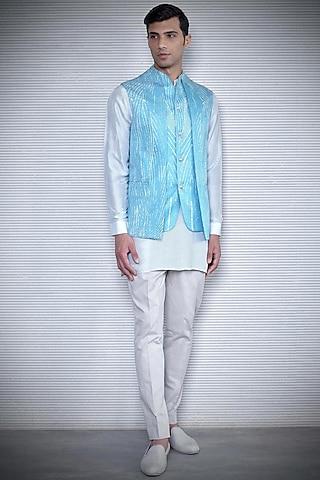 aqua blue printed layered waistcoat