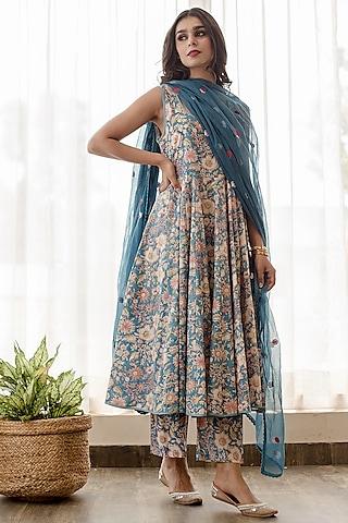 aqua blue pure cotton anarkali set