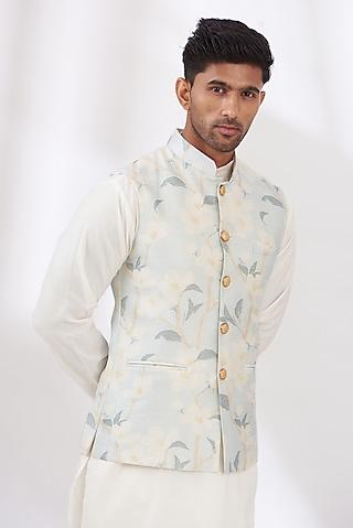 aqua blue raw silk printed nehru jacket