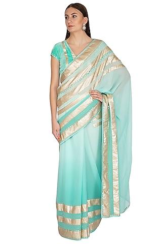 aqua blue shaded ombre embroidered saree set