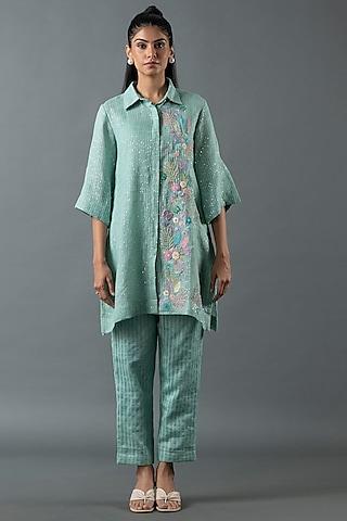 aqua blue shrimp linen gota embroidered tunic set