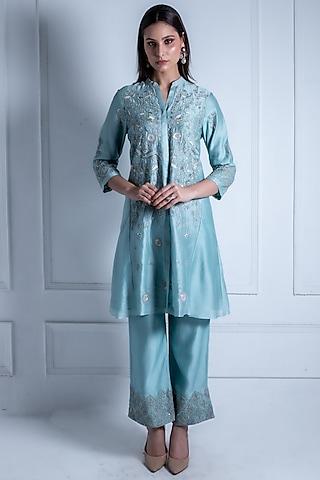 aqua blue silk chanderi embroidered a-line kurta set