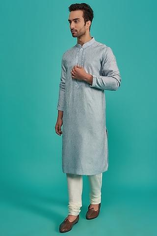 aqua blue silk chikankari hand embroidered kurta set