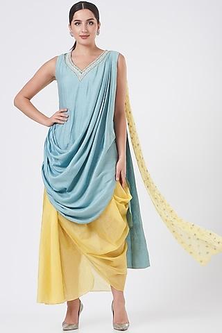 aqua blue silk cowl kurta set