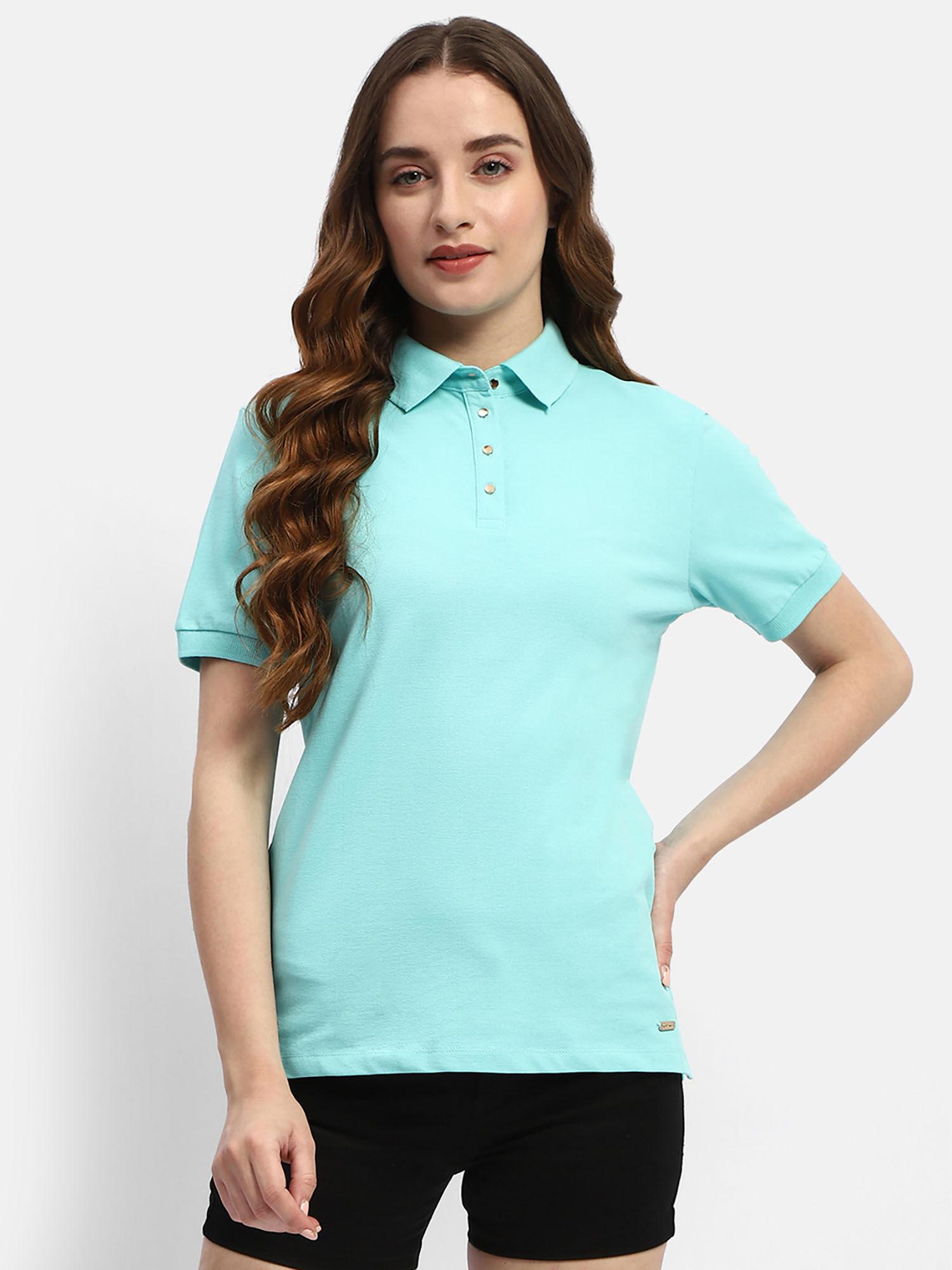 aqua blue solid polo neck t-shirt