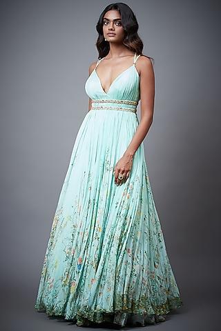aqua blue tropical printed gown