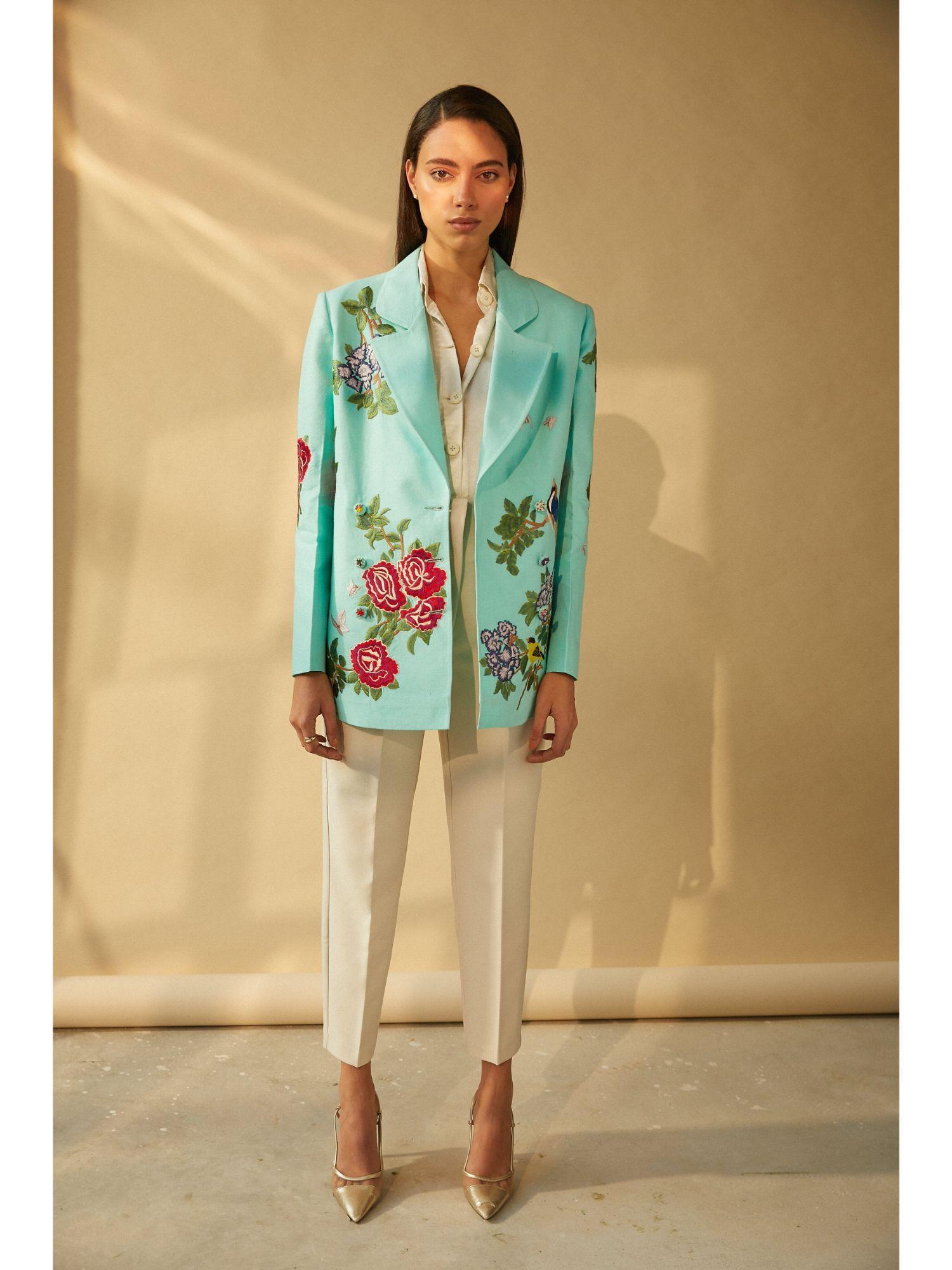 aqua box jacket with oriental embroidery