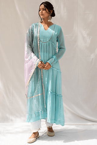 aqua chanderi blend anarkali set