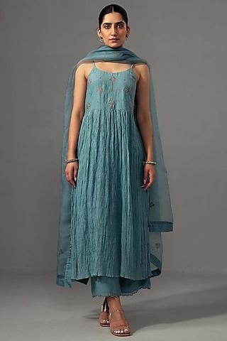 aqua chanderi hand embroidered anarkali set