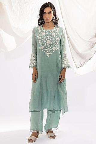 aqua chanderi mul polka dot printed & embroidered kurta set