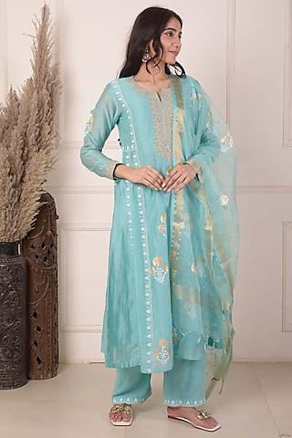 aqua chanderi printed & embroidered anarkali set