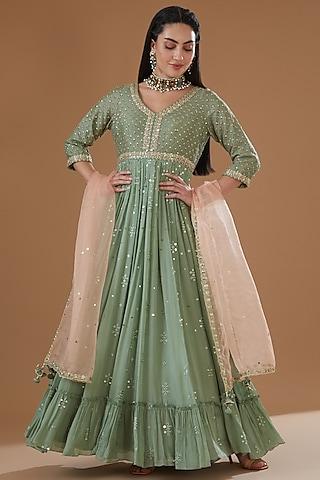 aqua chiffon printed & embroidered anarkali set