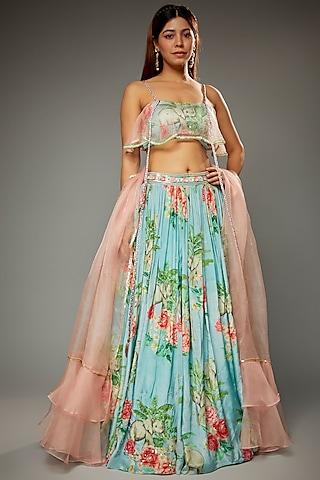 aqua crepe animal printed lehenga set