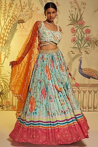 aqua crepe silk embroidered lehenga set