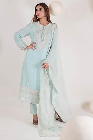 aqua dupion aari & zardosi embroidered kurta set