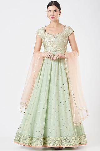 aqua embroidered anarkali set