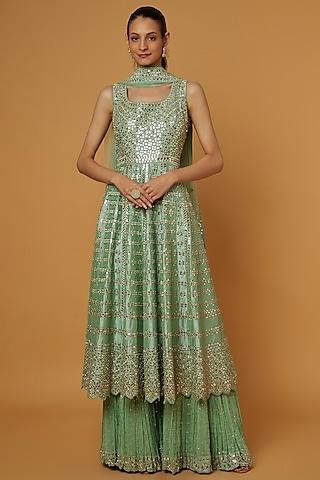 aqua embroidered anarkali set