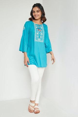 aqua embroidered casual 3/4th sleeves round neck women regular fit tunic