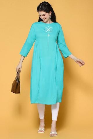 aqua embroidered casual round neck 3/4th sleeves calf-length women gathered fit kurta