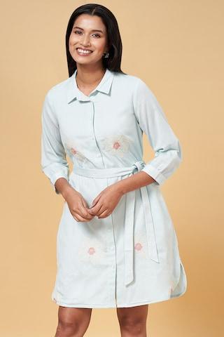aqua embroidered regular collar casual knee length 3/4th sleeves women regular fit dress