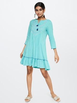 aqua embroidered round neck casual thigh-length 3/4th sleeves women flared fit dress