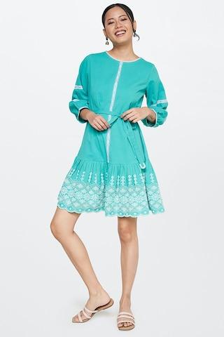 aqua embroidered round neck casual thigh-length 3/4th sleeves women flared fit dress