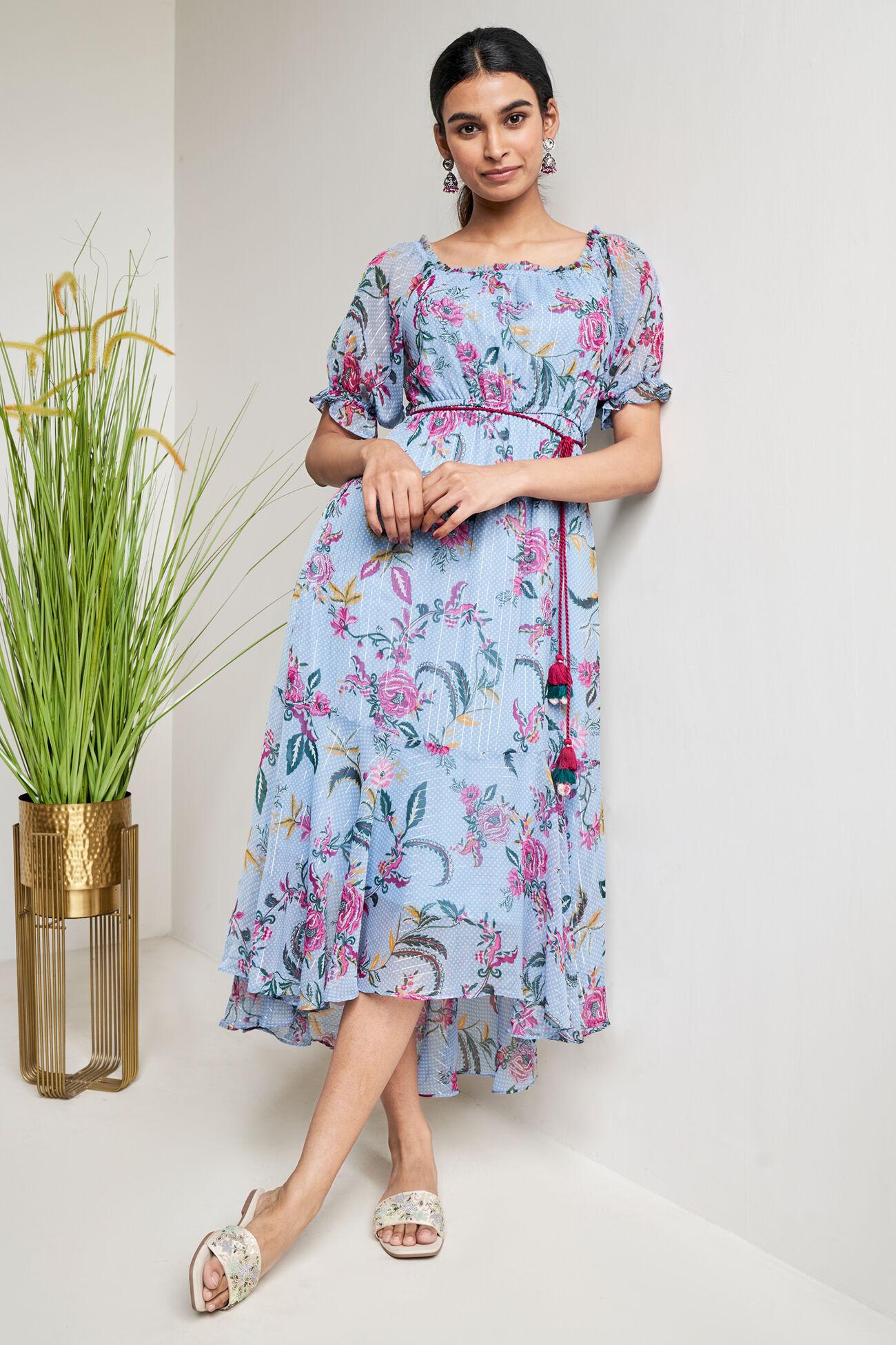 aqua floral flared dress