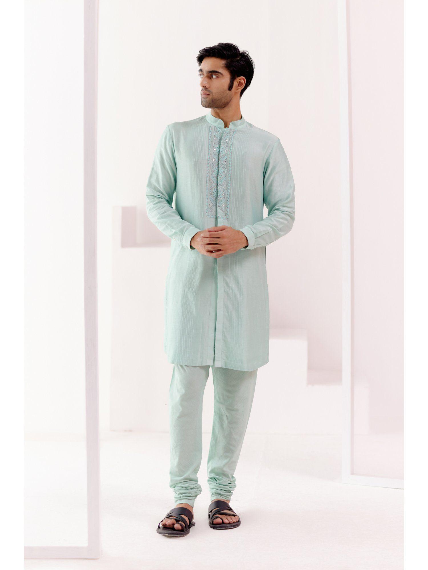 aqua front open self embroidered chanderi kurta (set of 2)